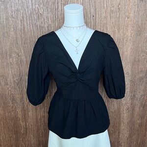GAP Black V-Neck Twist Peplum Blouse with Puff Sleeves